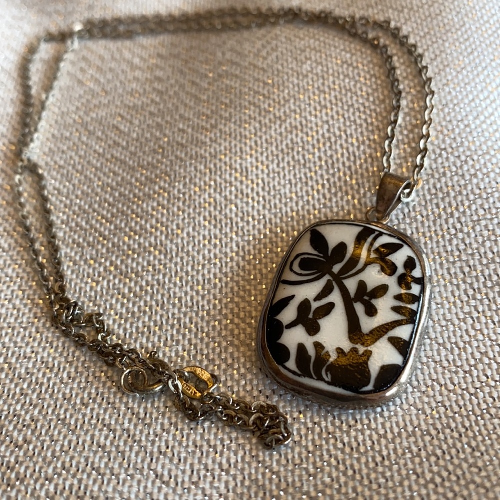Black and White Ceramic Pendant in Sterling Silver
